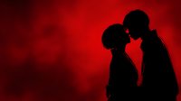 Romantic couple silhouettes touching foreheads in intimate moment against vibrant red background for Valentine's Day designs and love concepts.
