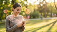 Young woman holding smartphone with floating heart icons in sunny park during golden hour representing social media love and digital romance connection.