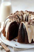 Chocolate bundt cake with white vanilla glaze dripping down sides, topped with chocolate shavings on white plate, close-up view of moist dessert.