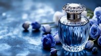 Elegant blue perfume bottle with crystal cap surrounded by fresh blueberries and roses on textured surface for luxury cosmetics and fragrance advertising.