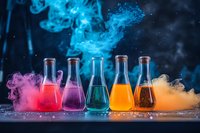 Laboratory flasks with colorful liquids and dramatic smoke effects in red, purple, blue, yellow and orange creating magical chemistry atmosphere on dark background.