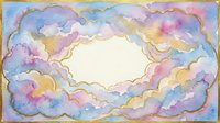 Watercolor pastel clouds frame with golden outline, soft purple, blue and pink tones, empty oval center for text or design elements.