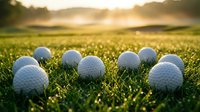 Golf balls scattered on dewy grass at sunrise, ready for play on the course or for sports marketing and athletic promotional materials.