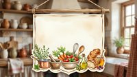 Vintage kitchen banner with cooking elements, vegetables, herbs, bread and olive oil, hanging scroll with copy space for menu or recipe text.