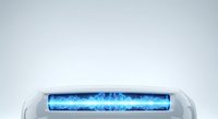 Futuristic blue glowing energy cylinder with digital wave pattern isolated on white background for technology and sci-fi design projects.