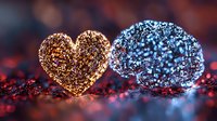 Glowing heart and brain shapes on dark background with sparkles and bokeh lights, symbolizing emotional and rational intelligence connection in love concept.
