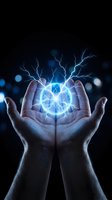 Hands holding glowing energy sphere with electric lightning bolts radiating outward against dark background. Concept for power, innovation, technology, and renewable energy solutions.