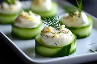 Fresh cucumber rolls filled with creamy herb spread and dill garnish on white plate, elegant appetizer for catering and party food service.