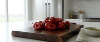 Fresh red bell peppers arranged on rustic wooden cutting board in modern kitchen setting with natural lighting for healthy cooking preparation.