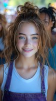 Young Caucasian woman with messy bun hairstyle, bright blue eyes and natural makeup wearing denim overalls and white tank top smiling at camera with genuine expression.