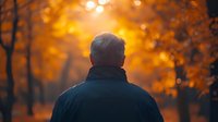 Senior man from behind looking at golden autumn forest with bokeh lights and fog creating atmospheric mood, wearing dark jacket in fall park setting.