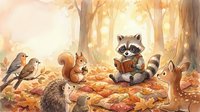 Adorable raccoon reading book surrounded by woodland animals including squirrel, hedgehog and birds in autumn forest setting with fallen leaves.