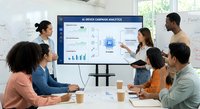Professional diverse team analyzing AI-driven campaign analytics on interactive display during strategic marketing meeting in modern office.