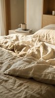 Unmade bed with crumpled beige linen bedding, pillows, and wooden nightstand with cup and book in minimalist bedroom interior.