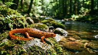 Orange salamander resting on moss-covered rock beside flowing forest stream in natural woodland habitat during daylight hours.