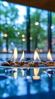 Modern gas fireplace with decorative stones glowing at dusk, creating warm ambiance against window backdrop with bokeh lights and natural greenery outside.