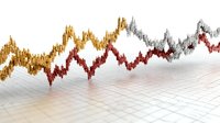Abstract financial data visualization with gold, red, and silver line graphs showing market trends on a grid background.