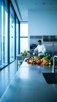 Professional chef preparing fresh vegetables in modern commercial kitchen with stainless steel counters and large windows for culinary business operations.