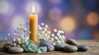 Burning candle surrounded by healing crystals and baby's breath flowers on wooden surface with soft bokeh background for meditation and wellness.