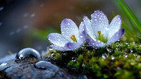 Delicate purple crocus flowers with water droplets blooming through moss and stones in early spring garden setting with natural bokeh background.