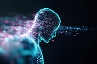 Glowing digital human head profile with particle effects in blue and pink colors against dark background, representing artificial intelligence and technology.
