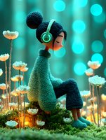 Young Asian woman in cozy winter outfit with mouse ears and mint headphones sits peacefully among glowing white flowers against turquoise bokeh background.