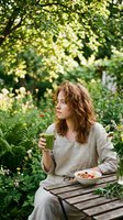Young woman with curly reddish-brown hair, Caucasian ethnicity, sitting outdoors in lush garden holding green beverage and bowl of food, relaxing under dappled sunlight filtered through leafy canopy.