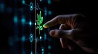 Hand touching glowing green cannabis leaf icon on digital interface with blue technology network background, illustrating marijuana business analytics.