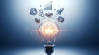 Glowing light bulb with business icons floating above representing innovation, entrepreneurship, creative thinking and financial growth concepts.