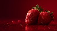 Fresh ripe strawberries with water droplets on glossy red surface. Juicy summer berries for healthy eating, desserts, smoothies and organic food concepts.