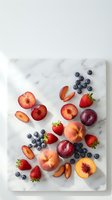 Fresh summer fruits on white marble cutting board including strawberries, blueberries, peaches and plums arranged for healthy eating and cooking.