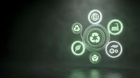 Glowing neon sustainability icons arranged in circular pattern on dark green textured background, representing eco-friendly business and environmental responsibility concepts for corporate presentations.