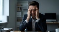 Stressed businessman holding head in hands at office desk experiencing work pressure and mental fatigue in corporate environment.