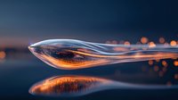 Glowing abstract light trails in wave form floating over reflective surface against dark background with bokeh lights, creating futuristic atmosphere.