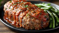 Homemade meatloaf with tomato sauce served on black plate with green beans, comfort food dinner prepared with ground meat and herbs.