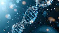 Glowing DNA molecule spiral structure on dark blue background with bokeh light effects and particles, representing genetic research and biotechnology.
