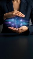 Businesswoman in dark blazer holding glowing digital hologram displaying strategy, analytics, growth, and execution icons for corporate management and technology solutions.