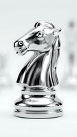 Polished silver chess knight piece isolated on white background, ready for design projects, game graphics, strategy concepts, and promotional materials.