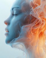 Ethereal female profile with flowing smoke effect, contrasting cool blue and warm orange tones creating dreamy atmospheric art suitable for book covers and posters.