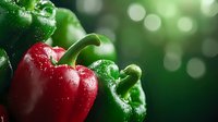 Fresh red and green bell peppers with water drops on dark background with bokeh effect. Macro shot of organic vegetables showing texture and freshness.