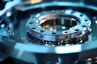 Macro shot of precision engineered metal bearing assembly with circular pattern and screws in blue tones, showing industrial mechanical components and technology.