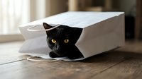 Black cat with yellow eyes peeking out from white paper bag on wooden floor. Playful feline hiding in bag for pet, animal behavior, and home lifestyle content.