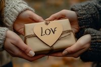 Hands holding kraft paper wrapped gift with wooden heart decoration and love message tied with twine string, romantic gesture concept for Valentine's day or anniversary.