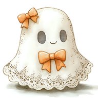 Cute cartoon ghost with orange bows and lace trim details in watercolor style on white background, suitable for Halloween designs and children's illustrations.