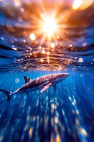 Great white shark swimming under sunlit ocean surface with dramatic light rays and bokeh effects creating magical underwater atmosphere in deep blue waters.
