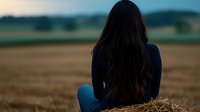Young woman with long dark hair sitting on hay bale in blue jeans and sweater, watching sunset over agricultural field, back view, atmospheric countryside scene.