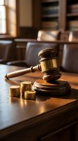 Wooden gavel with golden coins on courtroom desk representing legal fees, financial litigation, bankruptcy proceedings, and judicial monetary decisions.