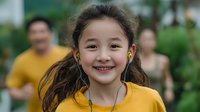 Young Asian girl with pigtails smiling happily in yellow shirt outdoors with blurred family background for lifestyle and parenting concepts.