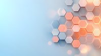 Geometric hexagonal pattern with coral pink and gray shapes on light blue background with soft bokeh effect and copy space for technology concepts.
