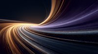Abstract speed motion blur with flowing golden and purple light trails creating dynamic curved lines against dark background for technology concepts.